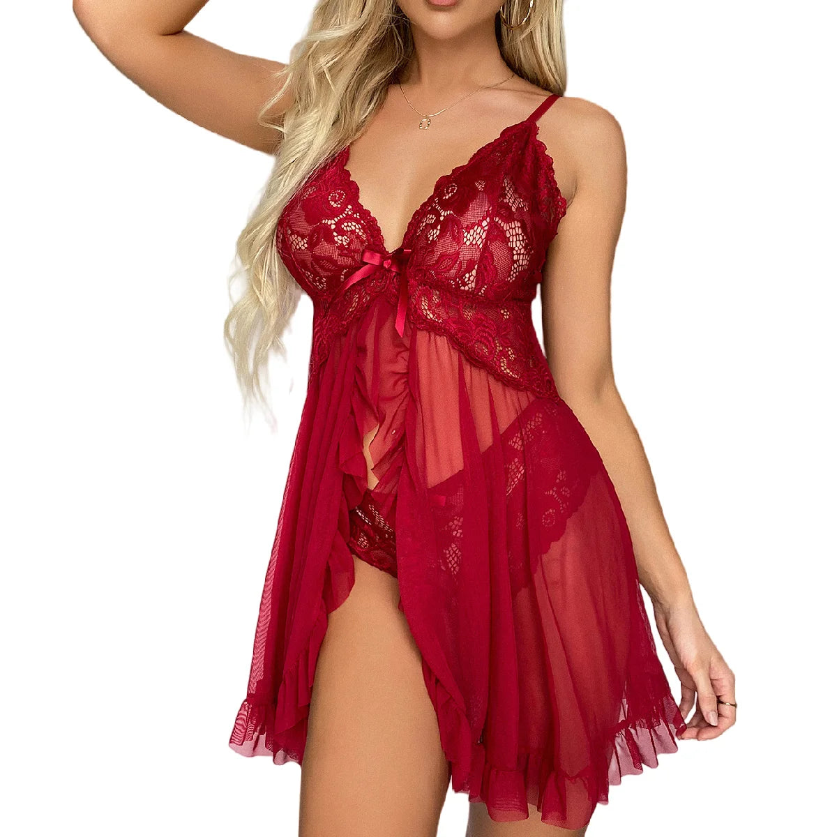 New Deep V Slip Dress Thong Bra And Brief Set Nightgown Contrast Lace Ruffle Trim Lingerie Set Women's Sexy Lingerie Underwear Main image