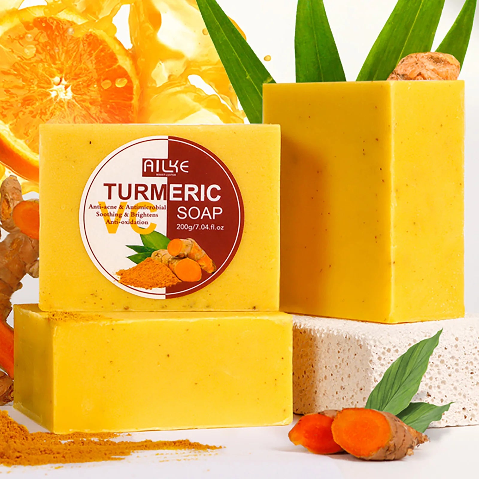 AILKE Natural Turmeric Bath Soap for Face, Body, Hands, Lightening, Cleaning, Even Skin Tone, Anti Dark Spots and Acne, 200g