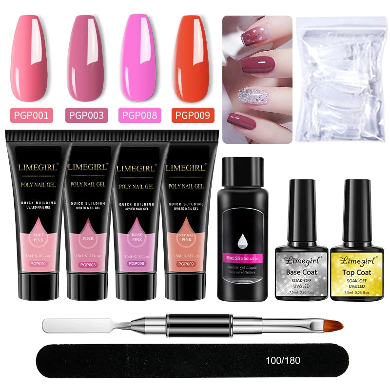 LIMEGIRL Nail Art Kit Poly Nail Gel Extending Soaking Gel Kit Nail Art Acrylic Gel Varnish Kit For Novices Semi Permanent Gel So