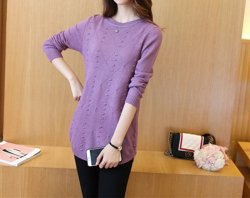 Knitted Jumper Autumn Winter Tops O-neck Long Sleeve Pullovers Casual Warm Women's Sweaters Midi Long Slim Sweater Girls