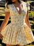 Vintage Floral Print Yellow Pleated Mini Dress Women Summer Puff Sleeve V Neck Party Beach Dresses Elegant Chic Y2K Vestidos
