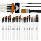32pcs White Artist Brush Set - Round, Angle, Flat, Fan & Detail Brushes. Multi-functional for Acrylic, Oil, Watercolor, Gouache
