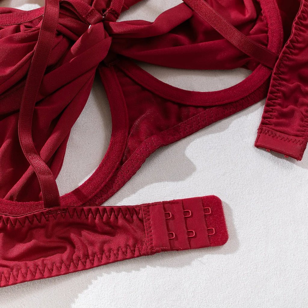 Sexy Hollow Out Bow Decor Lingerie Set Women Solid Exotic Apparel Suit Female Pure Desire Style Underwear with Garter and Gloves