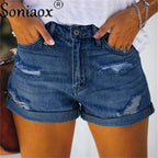 2024 Summer New Women Crimping Button Up Stretch Sexy Hole Jean Shorts High Waist Skinny Streetwear Trendy Ripped Denim Shorts