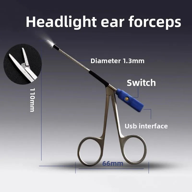 Medical Ear Wax Pick Tongs With lights Earwax Remover Micro Alligator Crocodile Forceps Earpick Ear Nose Cleaning