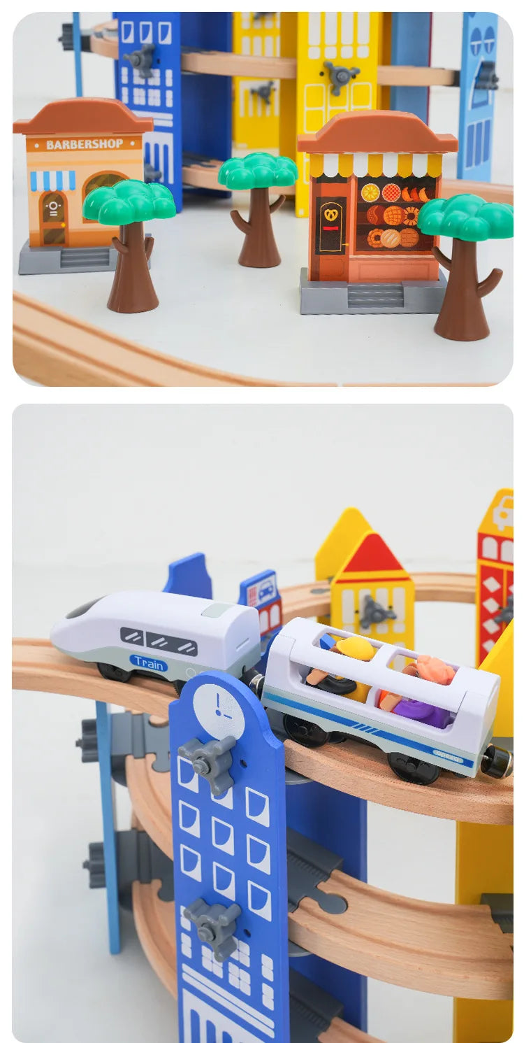 new Wooden Railway Track Set Electric Train Magnetic Car Diecast Slot Fit All Brand Biro Wood Track Assemble Toy Boy Gift