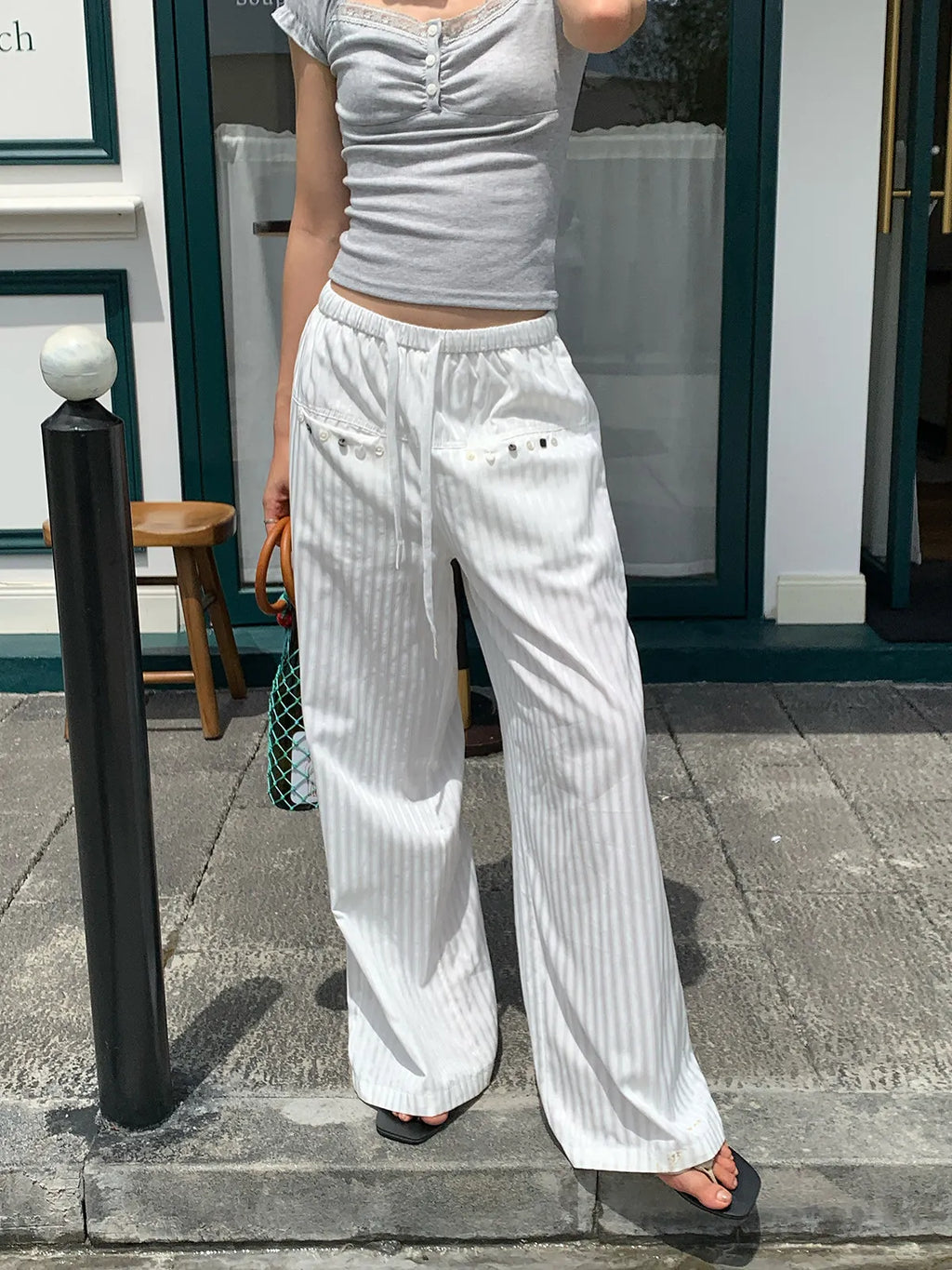 Women White Striped Wide Leg Pants Summer Loose Straight Leg Trousers Slimming Floor-length Casual Long Pants for Daily Wear