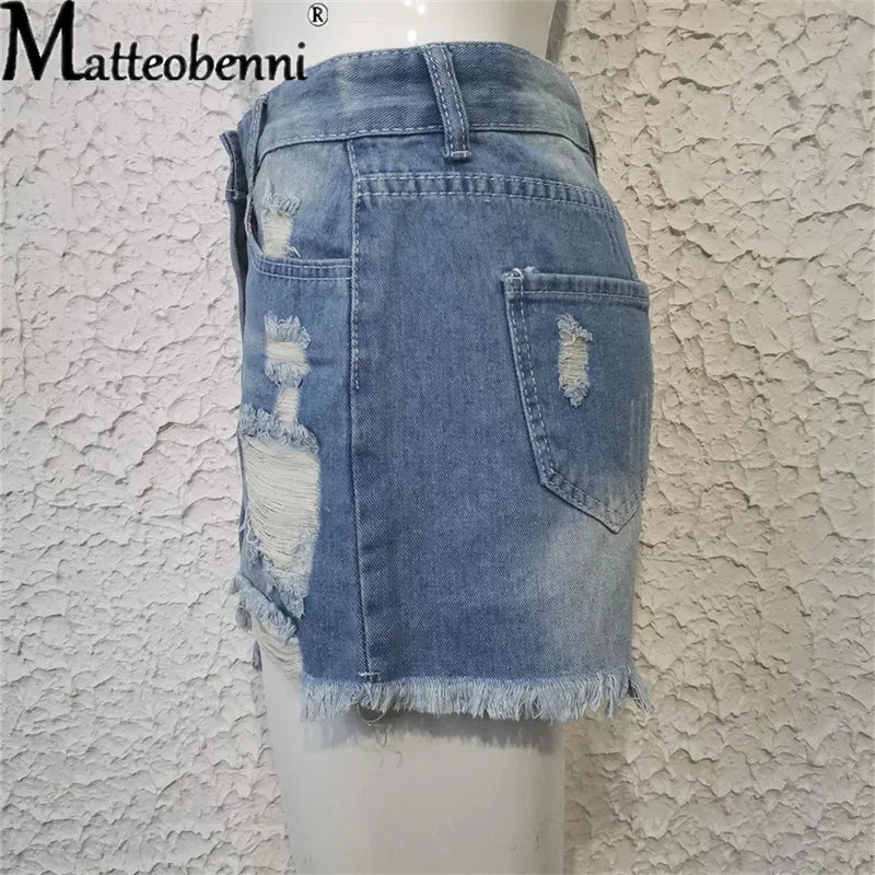 2024 Summer New Women Ripped Repaired Denim Shorts High Waist Bodycon Distressed Hole Bottoms Casual Pockets Sexy Short Jeans