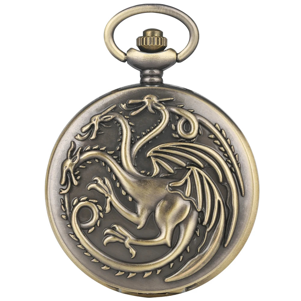 Retro Gray Three-headed Fire Dragon Necklace Quartz Pocket Watch Men Antique Nordic Amulet Pendant Women Game Movie Jewelry Hour