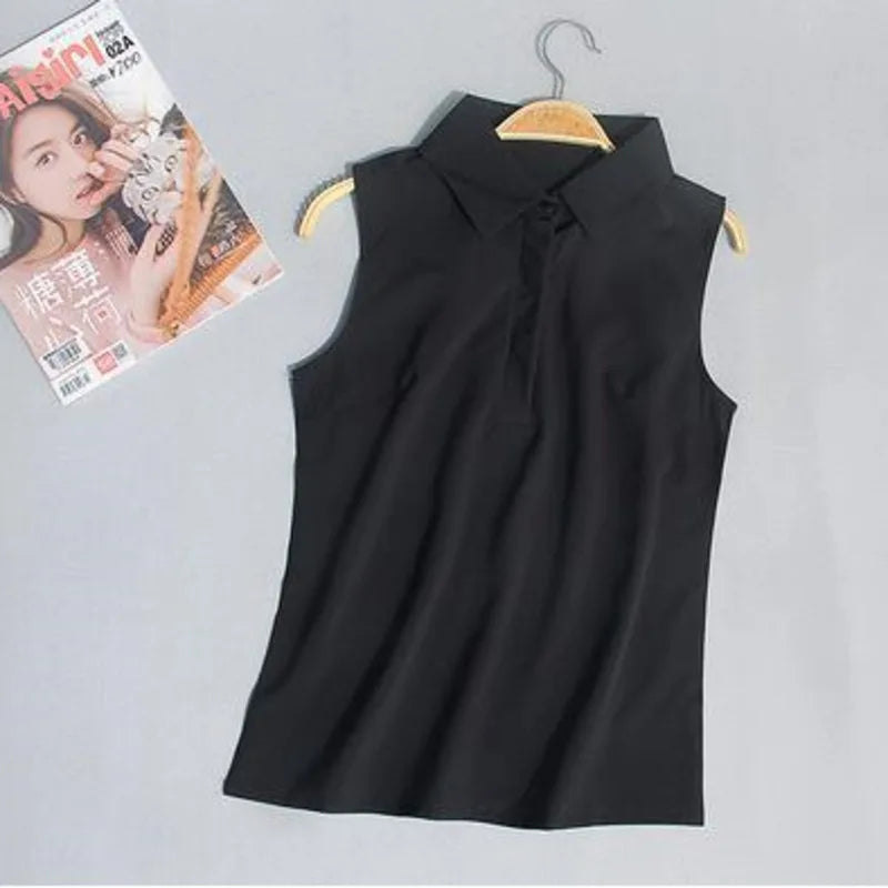 #2503 Woman Tops And Blouses Sleeveless Shirt Women Summer Thin Vest Pullover Button Basic Top Chiffon Red White Black Polo Neck