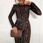 Women's Elegant Office Straight Pants Playsuit Sexy O Neck Lace Slim Club Jumpsuit Autumn Casual Long Sleeved High Waist Romper