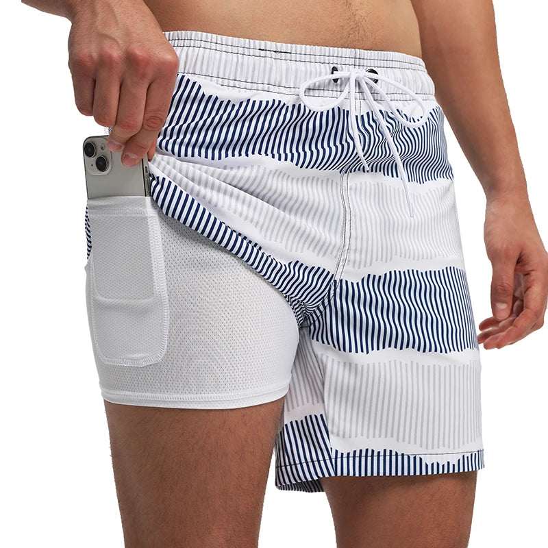 ESCATCH 2026 New Arrival Mens Swimming Trunks Compression Liner 2 in 1 Printing Quick-Dry Gym Sports Mens Shorts Zipper Pockets