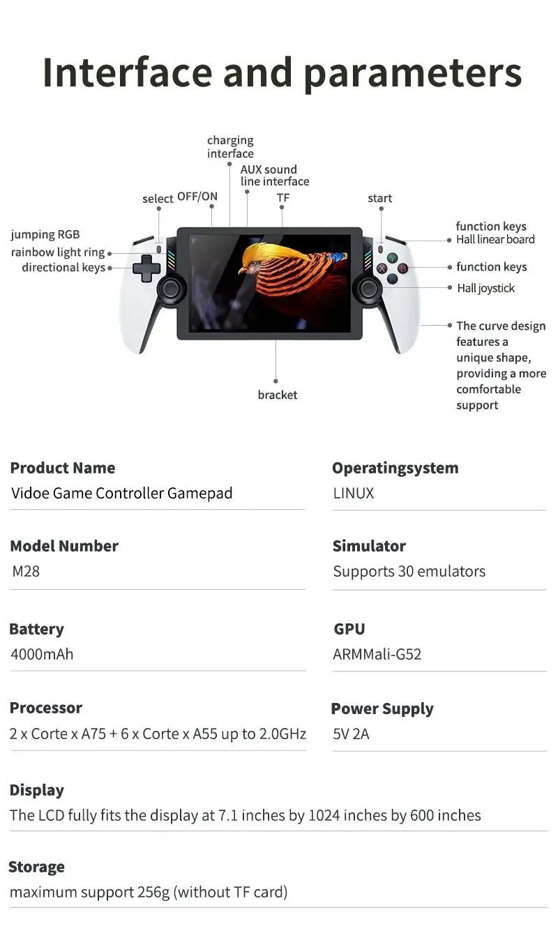 M28 Retro Handheld Video Game Console, 7.1-inch screen, 30+ emulators for PS2/PS1/PSP, 3D dual analog sticks [God of War Classic