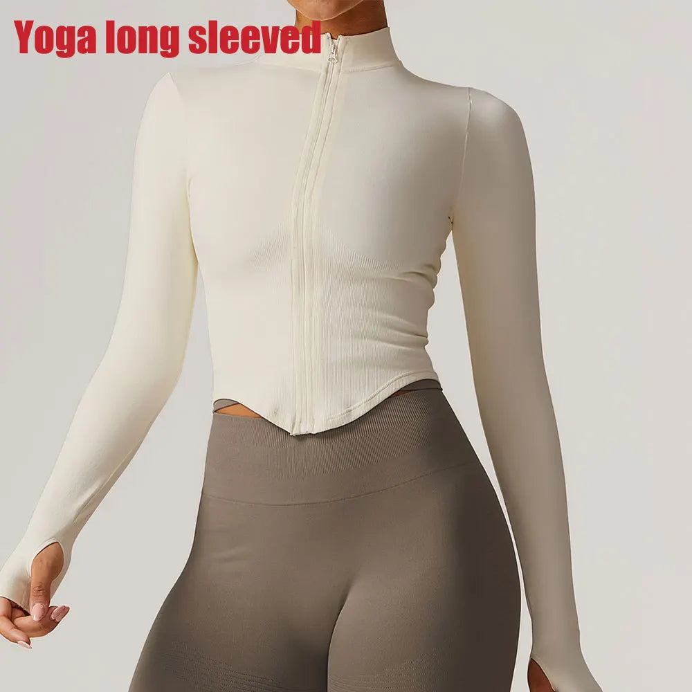 Women's Zipper Crop Sports Jacket Long Sleeve Yoga T-Shirt Solid Quick Dry Fitness Top Gym Running Workout Sportswear