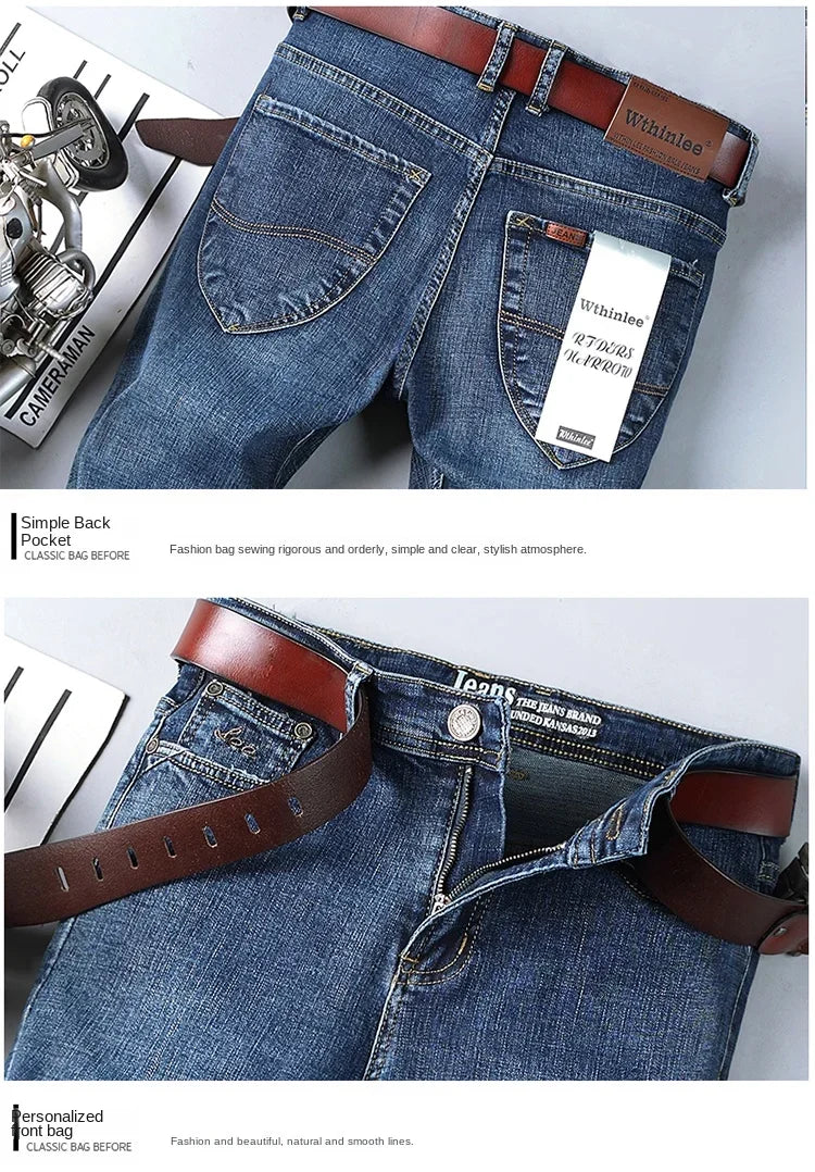 WTHINLEE Business Men's Jeans Casual Straight Stretch Fashion Classic Blue Work Denim Trousers Male Brand Clothing Size 28-40
