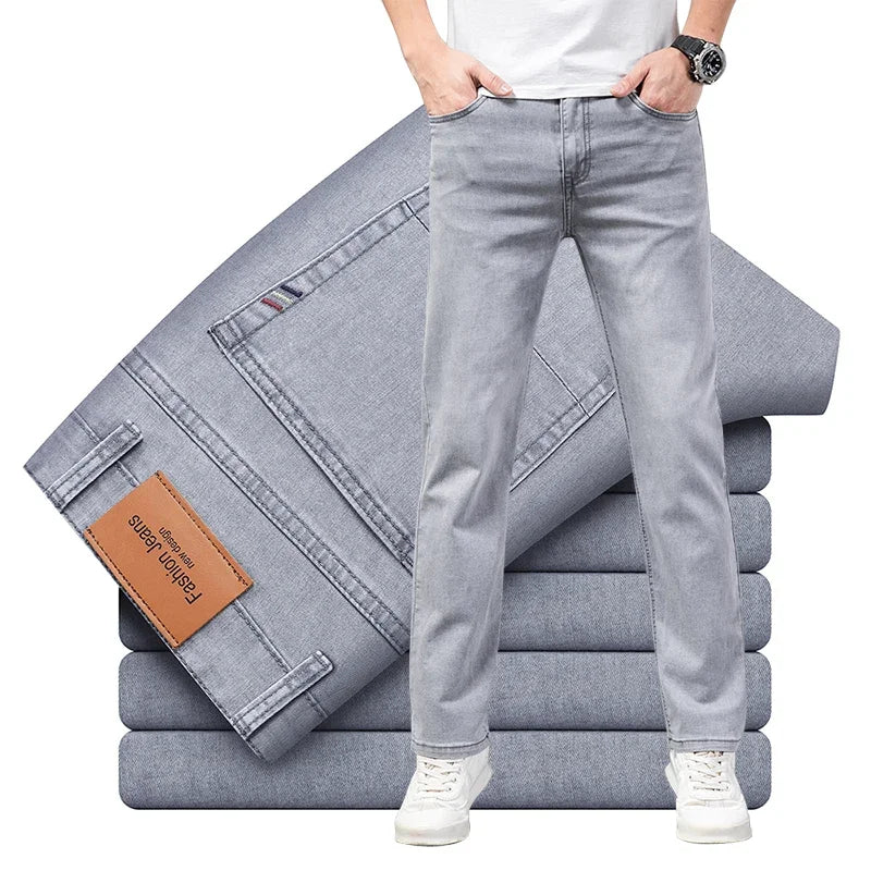Summer Thin Men's Elastic Cotton Jeans Fashion Gray Comfortable Business Straight Casual Pants Brand Male Clothes Trousers Main image