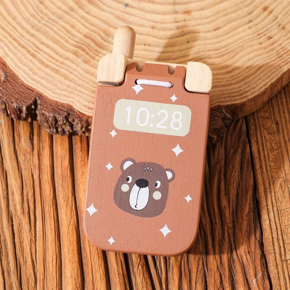 Baby Wooden Bear Phone Teether Toy Telephone Sleeping Pacifier Teething Flip Simulation Phone Toys Early Educational Toy Gifts