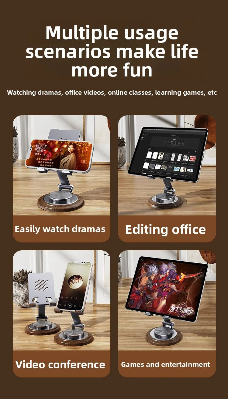 Black Walnut Wood Base Phone Holder Metal Stand 720° Rotating Foldable Desktop Stand Easy Storage for Mobile Phone Tablet Holder