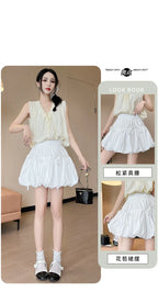 Sweet Bow Pleated Fluffy Skirts for Women Summer Korean Style Elastic Waist Lantern Skirt Woman Loose White A-Line Short Skirts