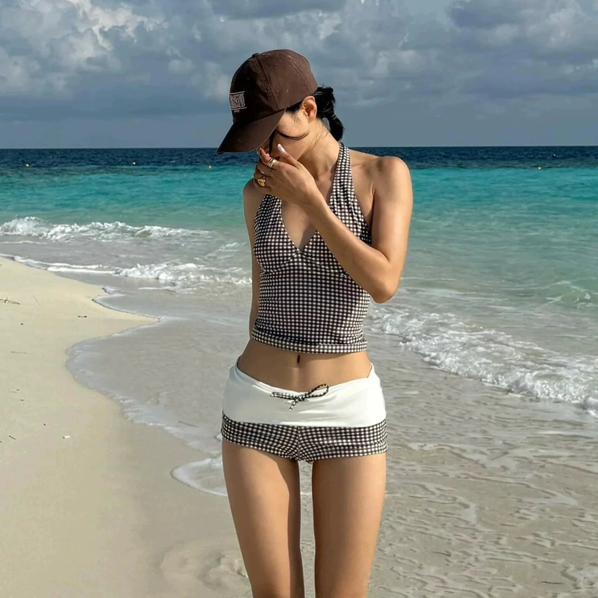 Sexy V-neck Small Chest Gathered To Cover The Belly Exposed Back Fashionable Checkered Flat Angle Pants Split Swimsuit for Women