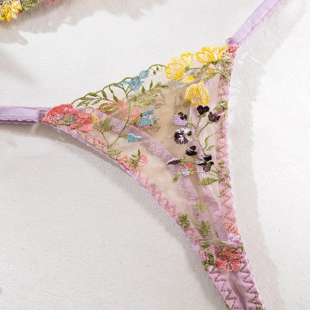 Yimunancy Floral Embroidery Lingerie Set Women Sheer 2-Piece Boho Bra + Panty Underwear Set Intimates
