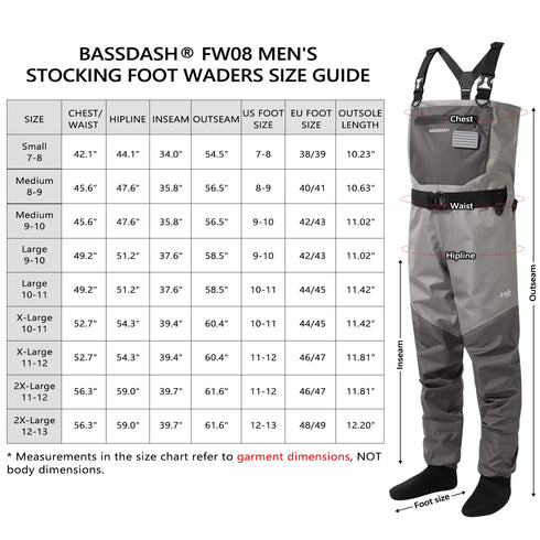 BASSDASH Fishing Wader Lightweight Stocking Foot FW08 Men’s Breathable Waders Waterproof Fly Fishing Chest