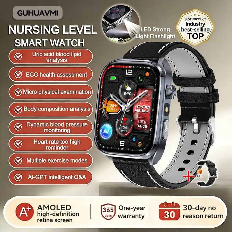 New Health Watch Uric Acid Blood Pressure Blood oxygen Body Analysis Body Fat SmartWatch ECG+PPG Bluetooth call Clock Women Men