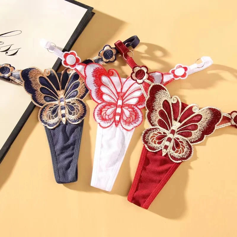 Sexy Lace Thong Women Butterfly Low Waist Panties G strings Transparent Mesh Briefs Adjustable Waist Panties Culotte Femme Secondary image