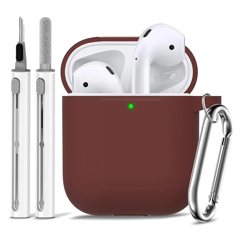 Silicone Cases With Hook For Airpods1/2 Protective Shockproof Wireless Earphone Cover For Airpod 2 1 Box Bags With Cleaner Kit