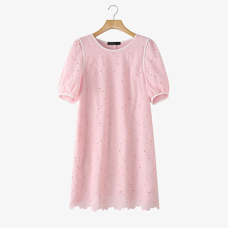 ZANZEA Summer Women's Openwork Embroidered Dresses O-Neck Half Puff Sleeve Contrast-Trim Knee-Length Dress Casual A-Line Robes
