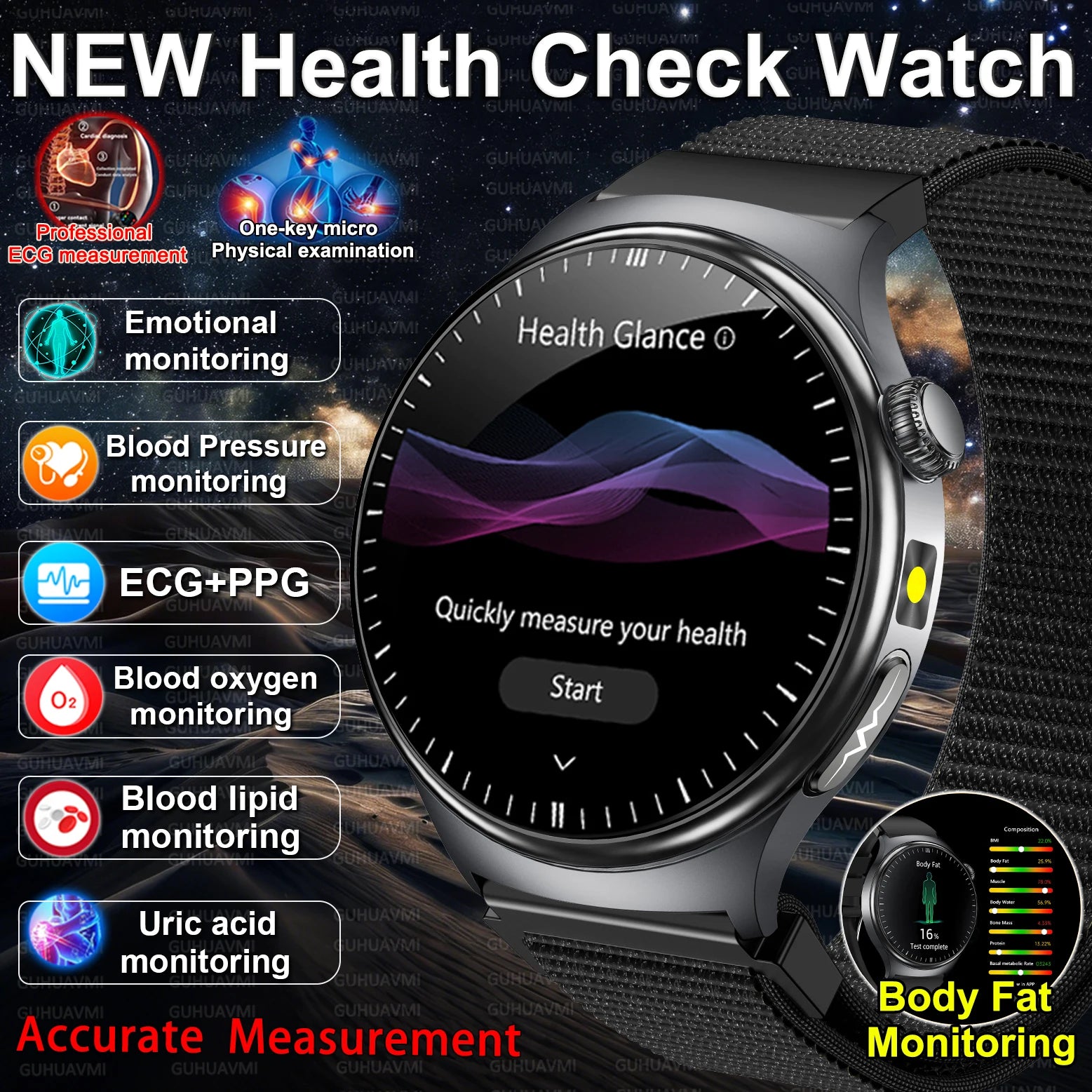 2026 New Accurate Body Health analysis Smart Watch Men ECG Blood lipids Uric acid Blood Pressure Body Fat Voice Call Smartwatch Main image