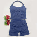 yoga outfits Women 2 pcs Sports DFNNYE Impact Set halterneck Backless Halter Top Seamless Scrunch Shorts Gym Workout Sports Suit