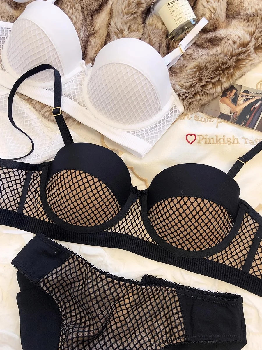 Mesh Lace Underwear Ladies Sexy Small Chest Push Up Lingerie For Women Bra Sets Red White Wedding Girls Thicken Intimates BCD