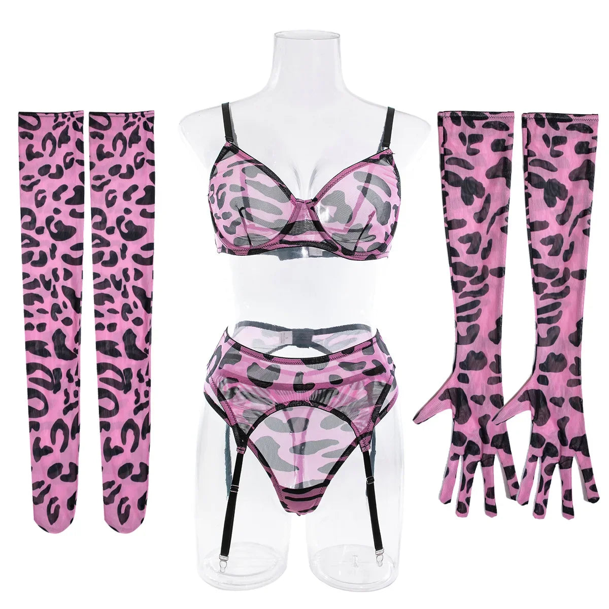 Sexy Pink Leopard Printed Bra Gloves Leg Socks Lingerie Set Women's Perspective Comfortable Mesh Exotic Apparel Underwear Suit Main image