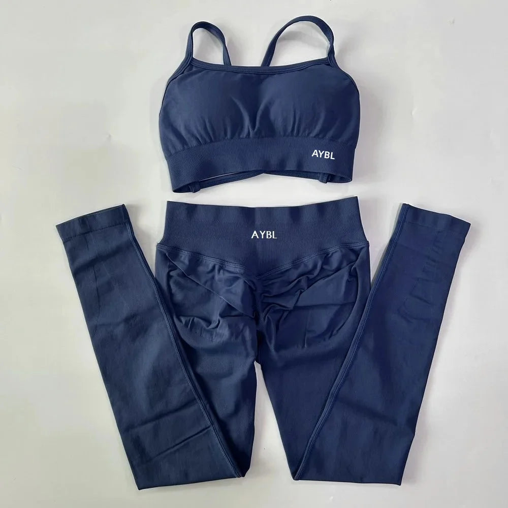AYBL Yoga Set Seamless Yoga Set 2 Pieces Women Workout Set Scrunch Leggings Backless Sports Bra Fitness Top Gym Pants Clothes