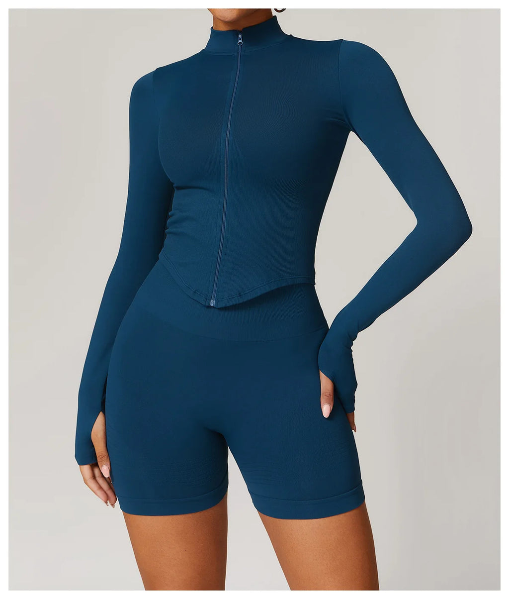Women's Zipper Crop Sports Jacket Long Sleeve Yoga T-Shirt Solid Quick Dry Fitness Top Gym Running Workout Sportswear