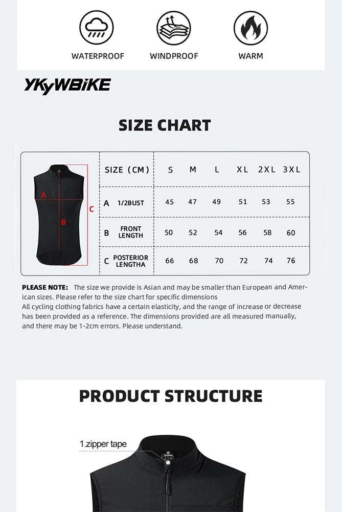 YKYWBIKE Men Cycling Gelit Thermal Fleece Bicycle Windbreaker Sleeveless Bike Vest Windproof Waterproof Cycling