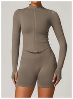 Women's Zipper Crop Sports Jacket Long Sleeve Yoga T-Shirt Solid Quick Dry Fitness Top Gym Running Workout Sportswear