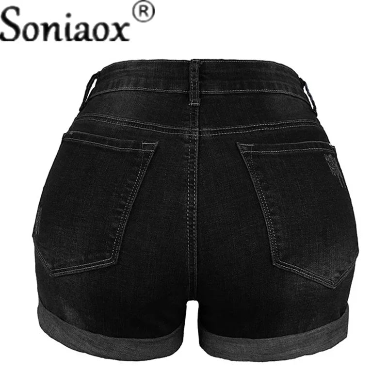 2024 Summer New Women Crimping Button Up Stretch Sexy Hole Jean Shorts High Waist Skinny Streetwear Trendy Ripped Denim Shorts