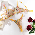 Yimunancy Floral Embroidery Lingerie Set Women Sheer 2-Piece Boho Bra + Panty Underwear Set Intimates