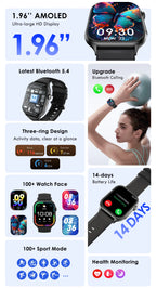 Lenovo 2026 Smart Watch 1.96" HD AMOLED Display Heart Rate Health Monitoring Bluetooth Voice Callings Smartwatch For Android IOS