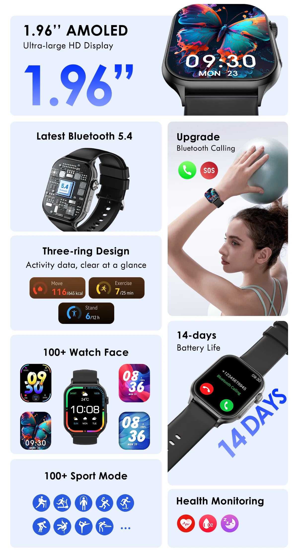 Lenovo 2026 Smart Watch 1.96" HD AMOLED Display Heart Rate Health Monitoring Bluetooth Voice Callings Smartwatch For Android IOS