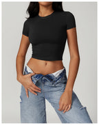 Solid color women's soft breathable yoga short-sleeved comprehensive training tight T-shirt with exposed belly button fitness sh