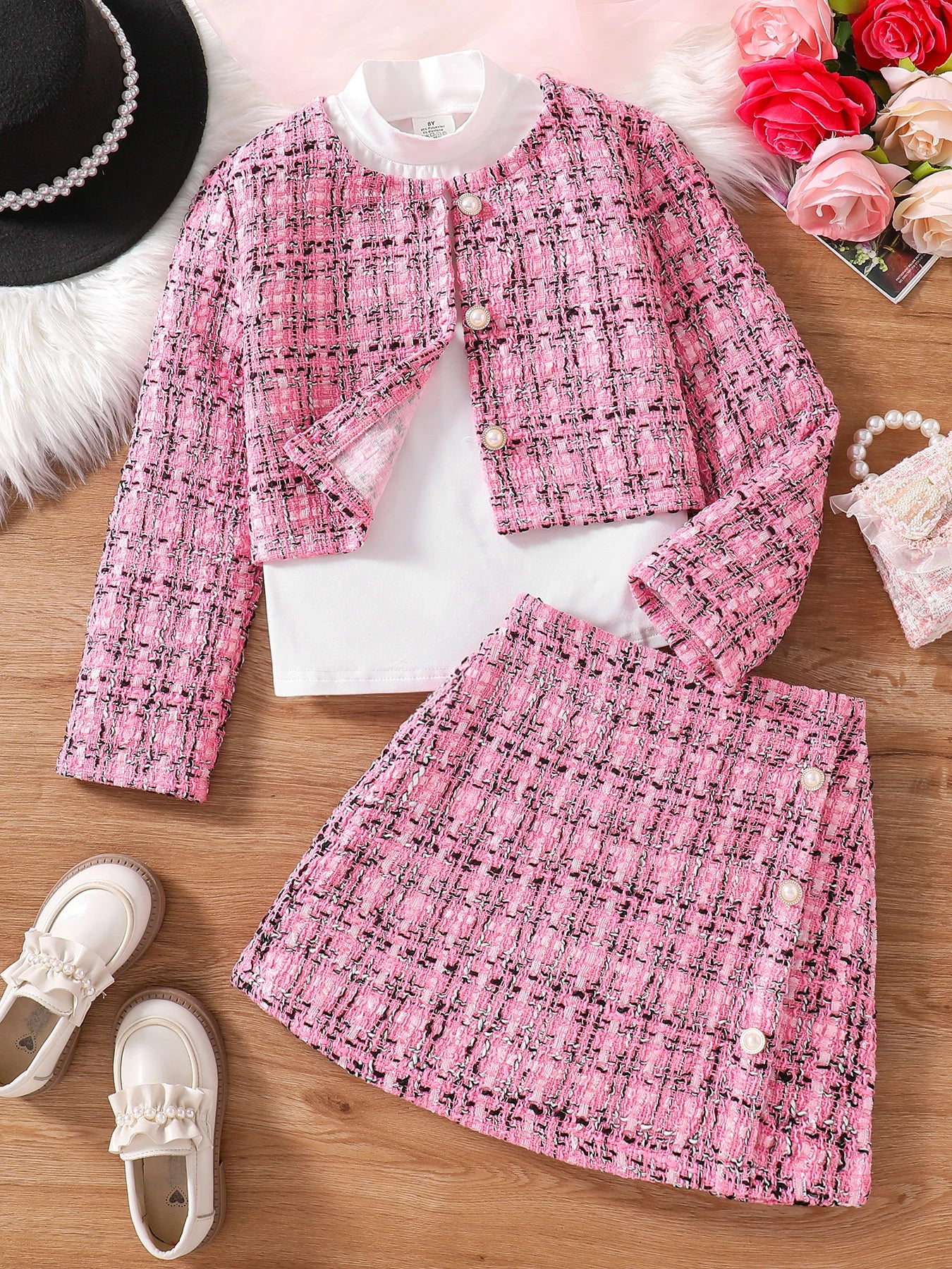 Children's spring and autumn new cute girl fashion dress 3 sets of pink plaid top + skirt + white long-sleeved base shirt