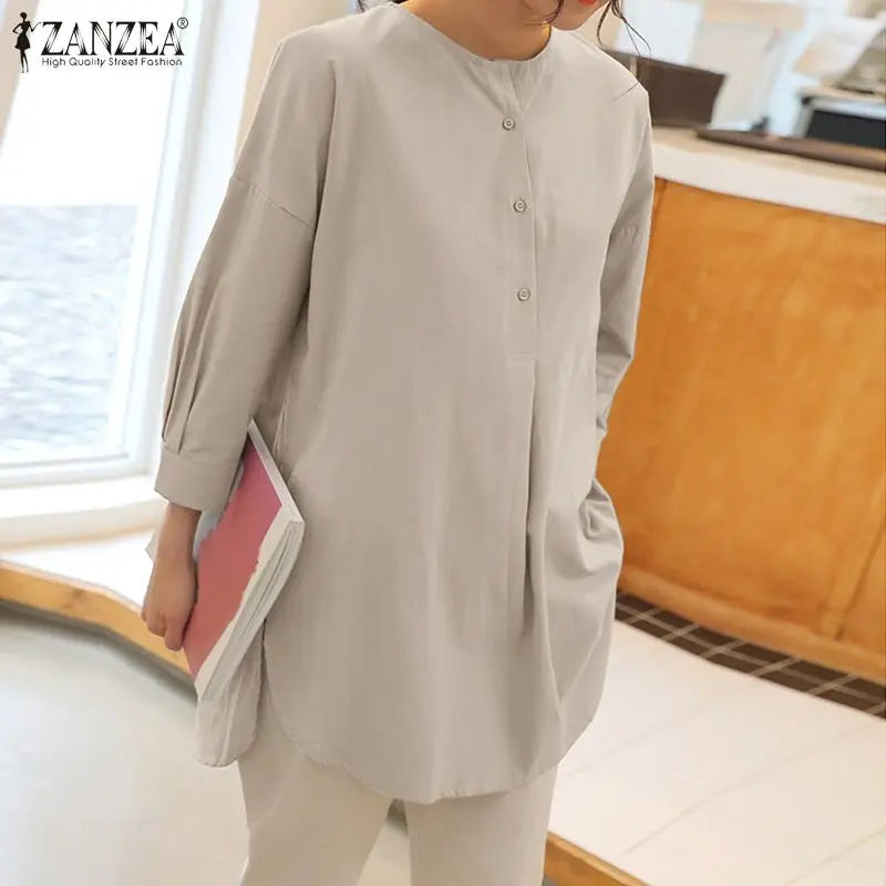 ZANZEA Fashion Autumn Long Sleeve Blouse Women Baggy Shirt Elegant Solid OL Work Tops Causal Loose Holiday Work Blusas Mujer