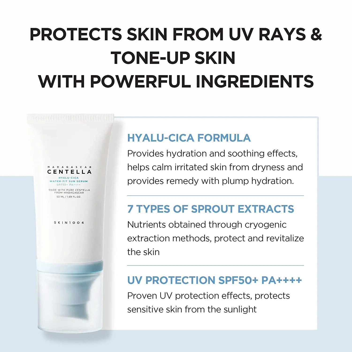 Skin1004 Korean Skincare Centella Sun Serum SPF50+ - Hyaluronic Acid UV Protection, Sensitive Skin