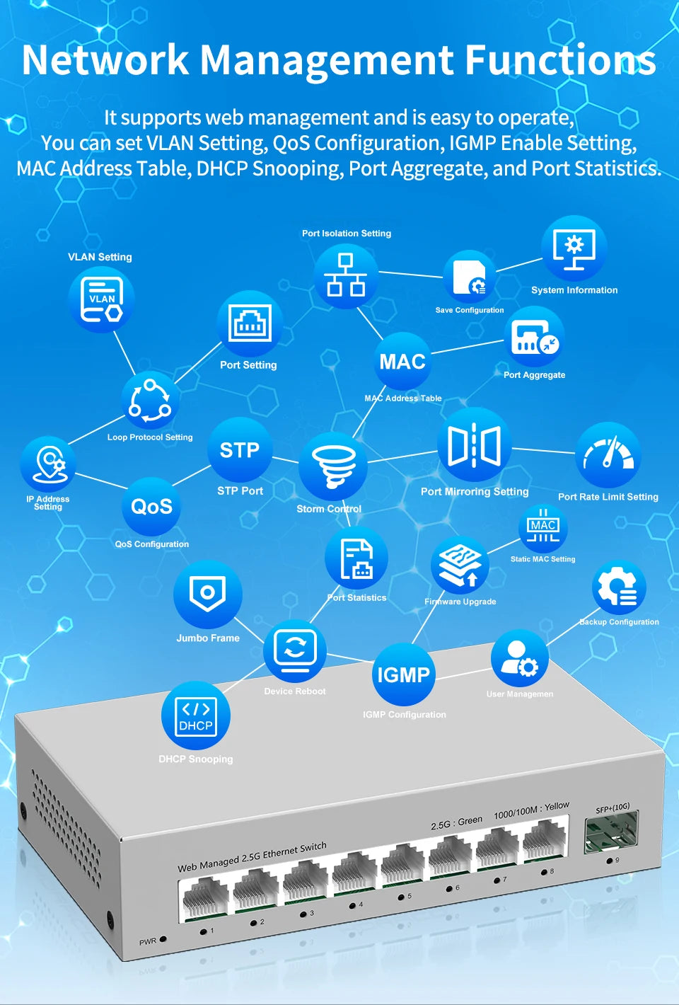 HORACO 2.5GbE Managed Switch 8 Port 2.5GBASE-T Network Switcher 10G SFP+ Slot Uplink Web Managed Hub Internet Splitter Fanless