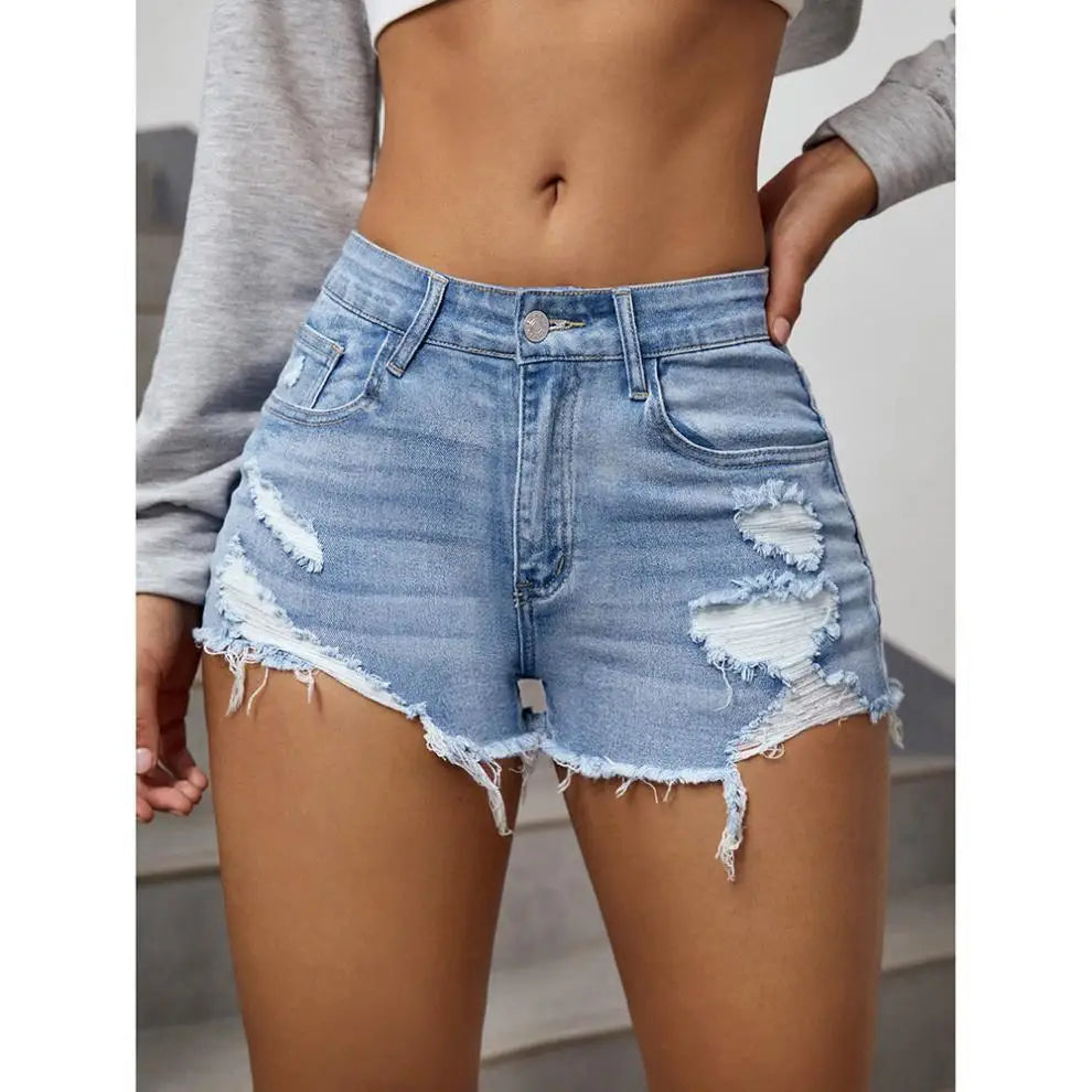 Women Ripped Denim Shorts Raw Hem Distressed A-line High Waist Summer Streetwear Skinny Hot Pants Fashion Leisure Clothing