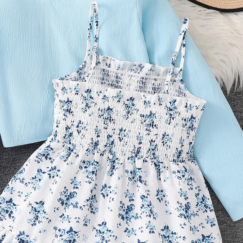 Kid Girl Long Sleeve Bow Design Coat & Beige All Print Shirred-Bodice Sling Dress Set Cute Sweet Elegant Princess Dress For Kids