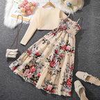 Kid Girl Long Sleeve Bow Design Coat & Beige All Print Shirred-Bodice Sling Dress Set Cute Sweet Elegant Princess Dress For Kids